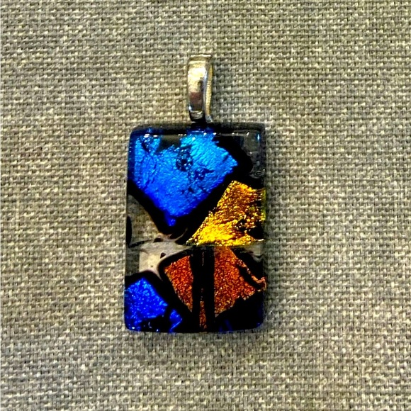 Handmade Blue and Orange Dichroic Fused Glass Pendant - Picture 1 of 1